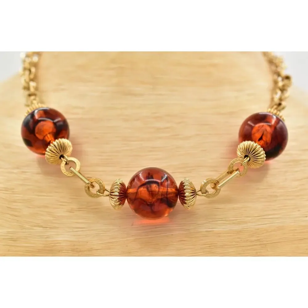 Vintage Collar Necklace Tortoise Station Gold Tone Chain Chunky 1980s BinBJ